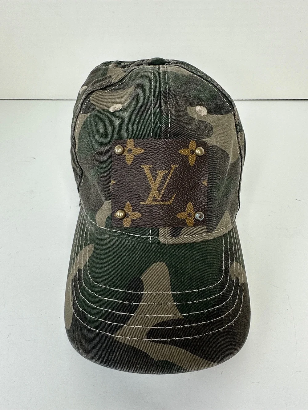 Luxury Inspired Upcycled Camo Baseball Hat One Size Adjustable Velcro Closure - Picture 1 of 10
